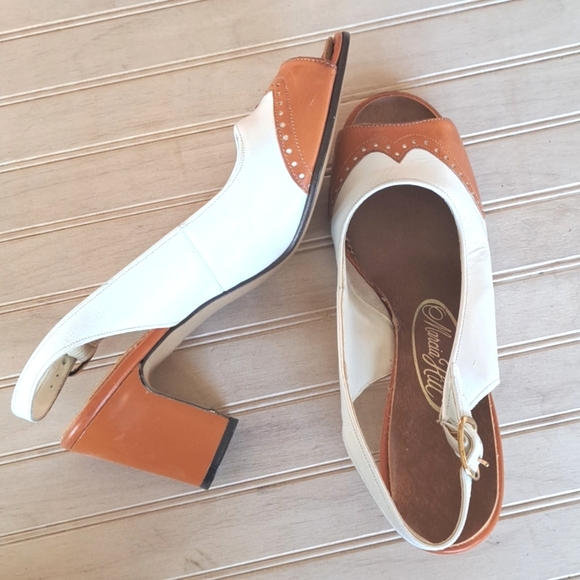 Marcia Hill Vintage Retro 60s 70s Two Tone Open Toe Sling Back Short Heels - Picture 2 of 8